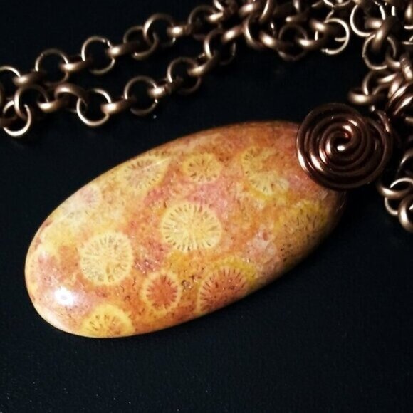 Wire Wrapped!!! Mango + Tangerine Hues! Chrysanthemum Fossil Pendant + 20" Chain - Picture 3 of 8